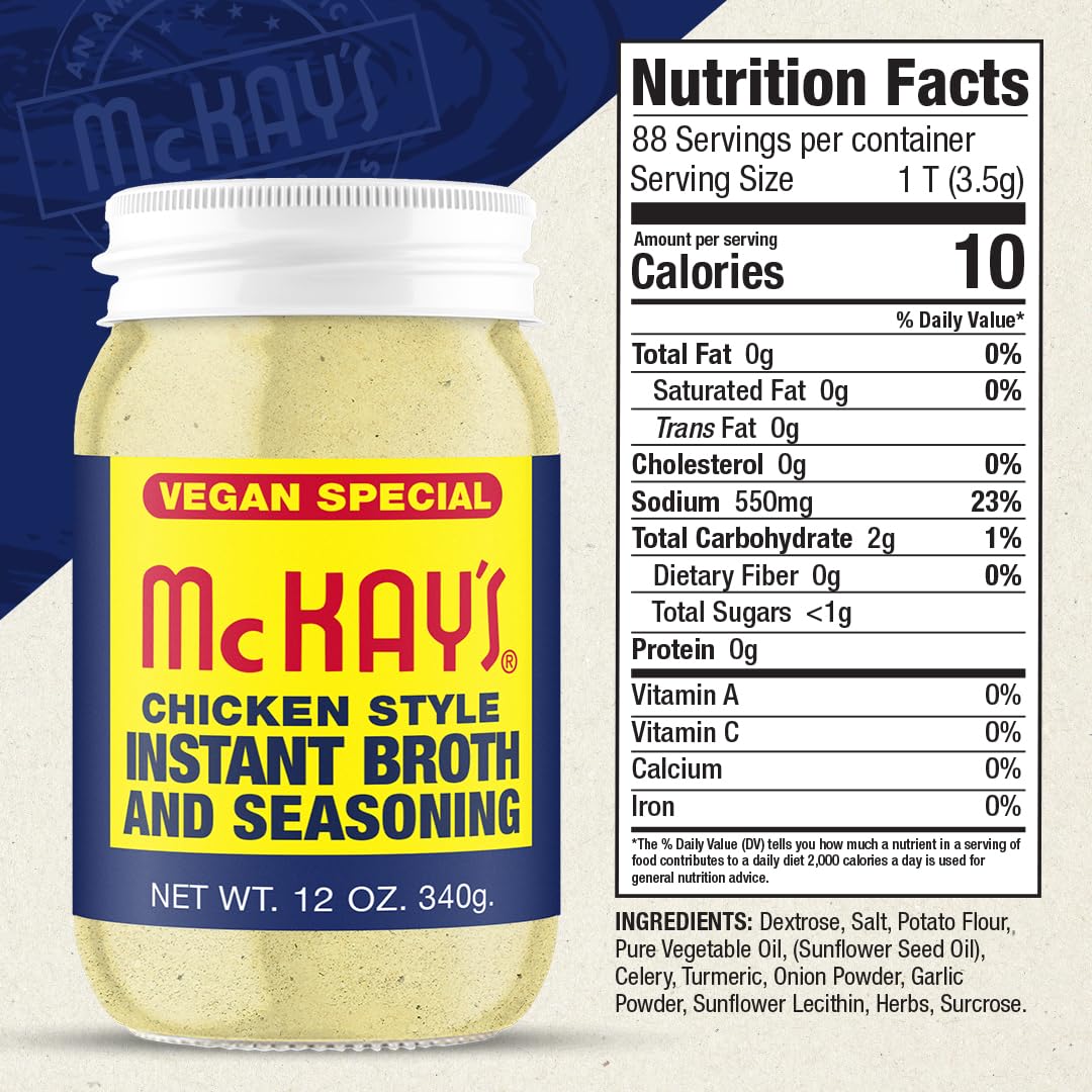 McKay’s Vegan Chicken Seasoning jar on pantry shelf signals gluten-free flavor options