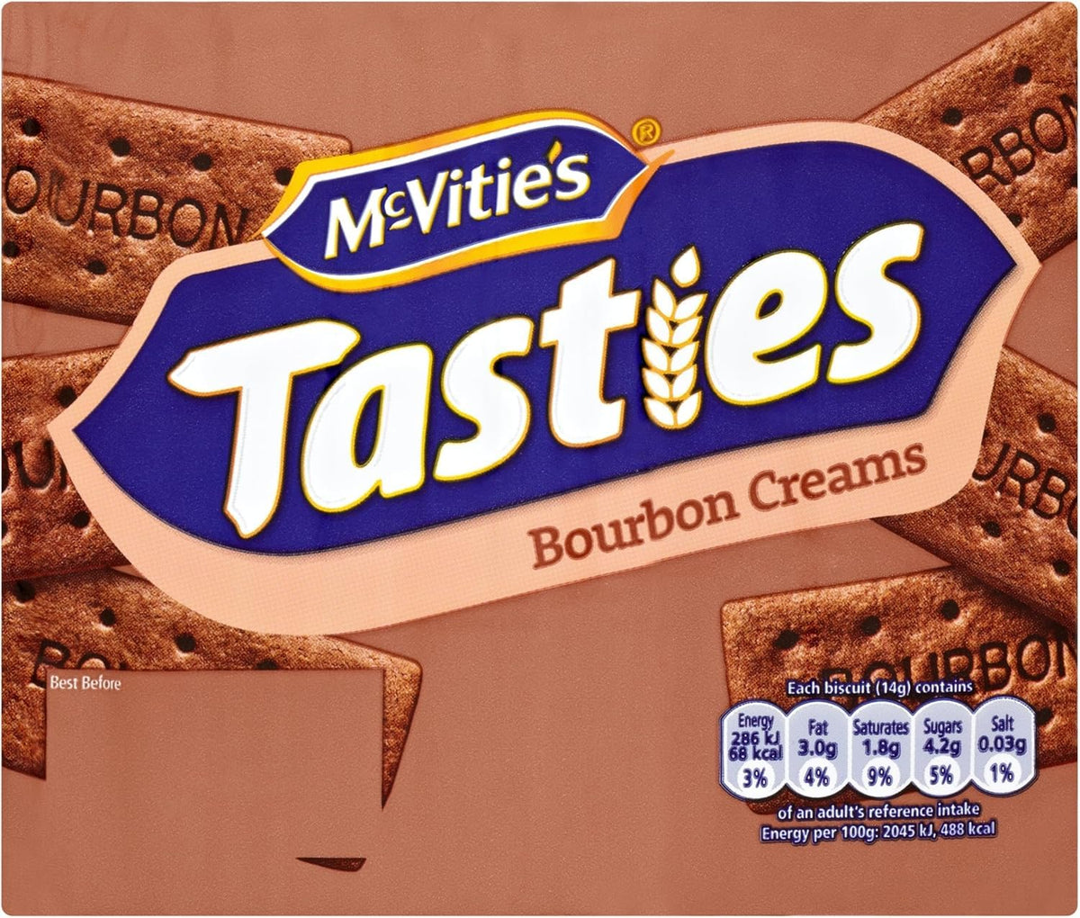 McVitie's Bourbon Cream biscuits made in UK label, trusted quality.