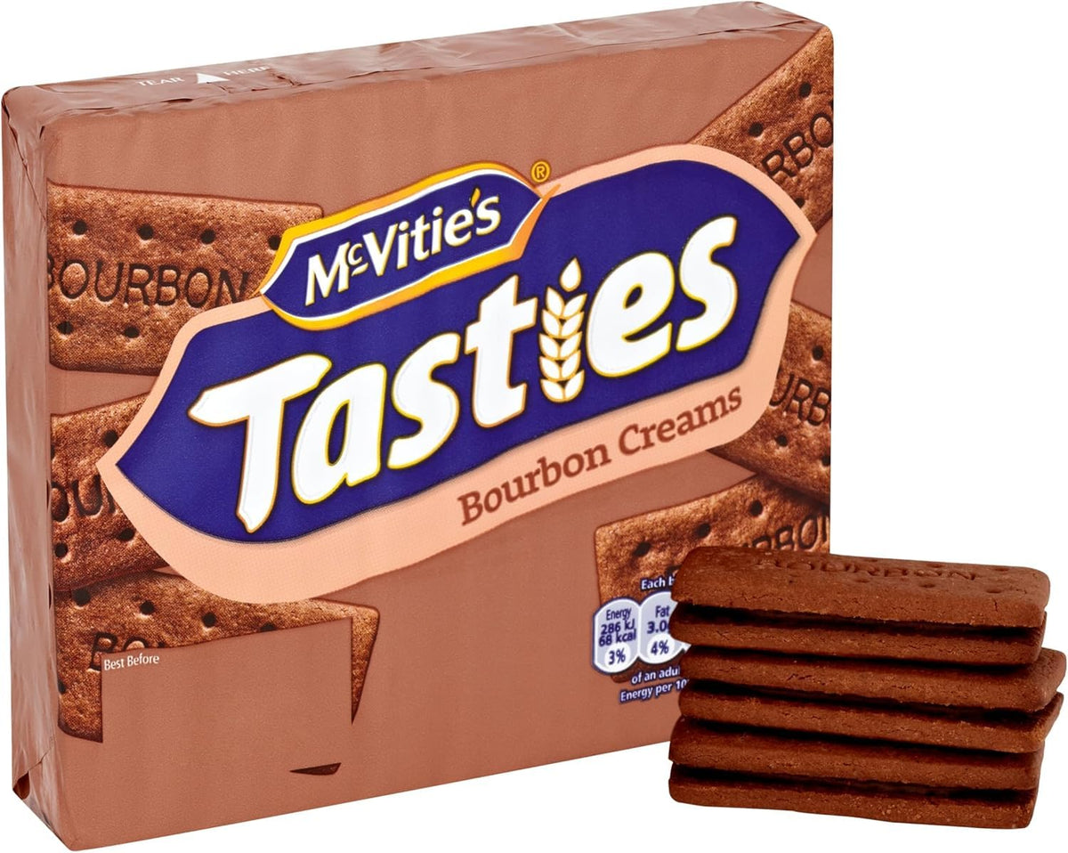 McVitie's Bourbon Cream biscuits outer pack side view, great for stocking up.
