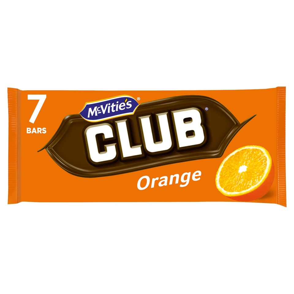 McVitie's Club Orange 7pk bars in a pack, ideal for lunchboxes and breaks.