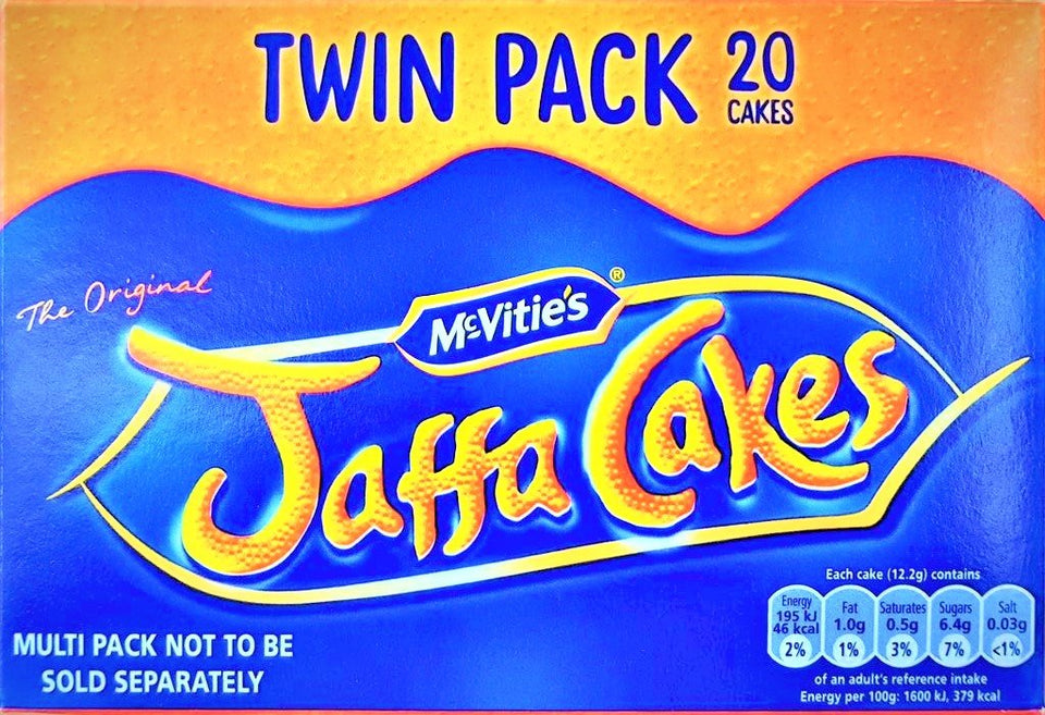 McVitie's Jaffa Cakes original twin pack with orange jelly and chocolate glaze, ideal for tea time.