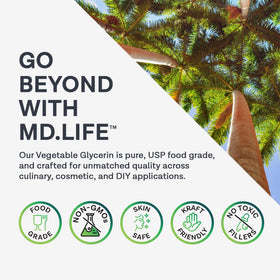MD.LIFE glycerin liquid label highlights USP-grade, food-grade quality for crafts.