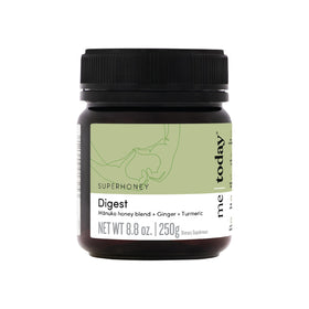 me today Digest Manuka honey bottle with ginger and turmeric for warming tea rituals.
