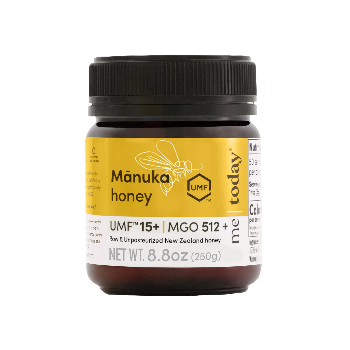 Me Today Manuka honey jar close-up showing UMF 15+ potency for daily wellness