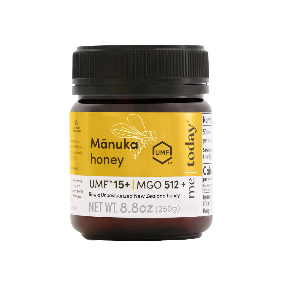 Me Today Manuka honey jar close-up showing UMF 15+ potency for daily wellness
