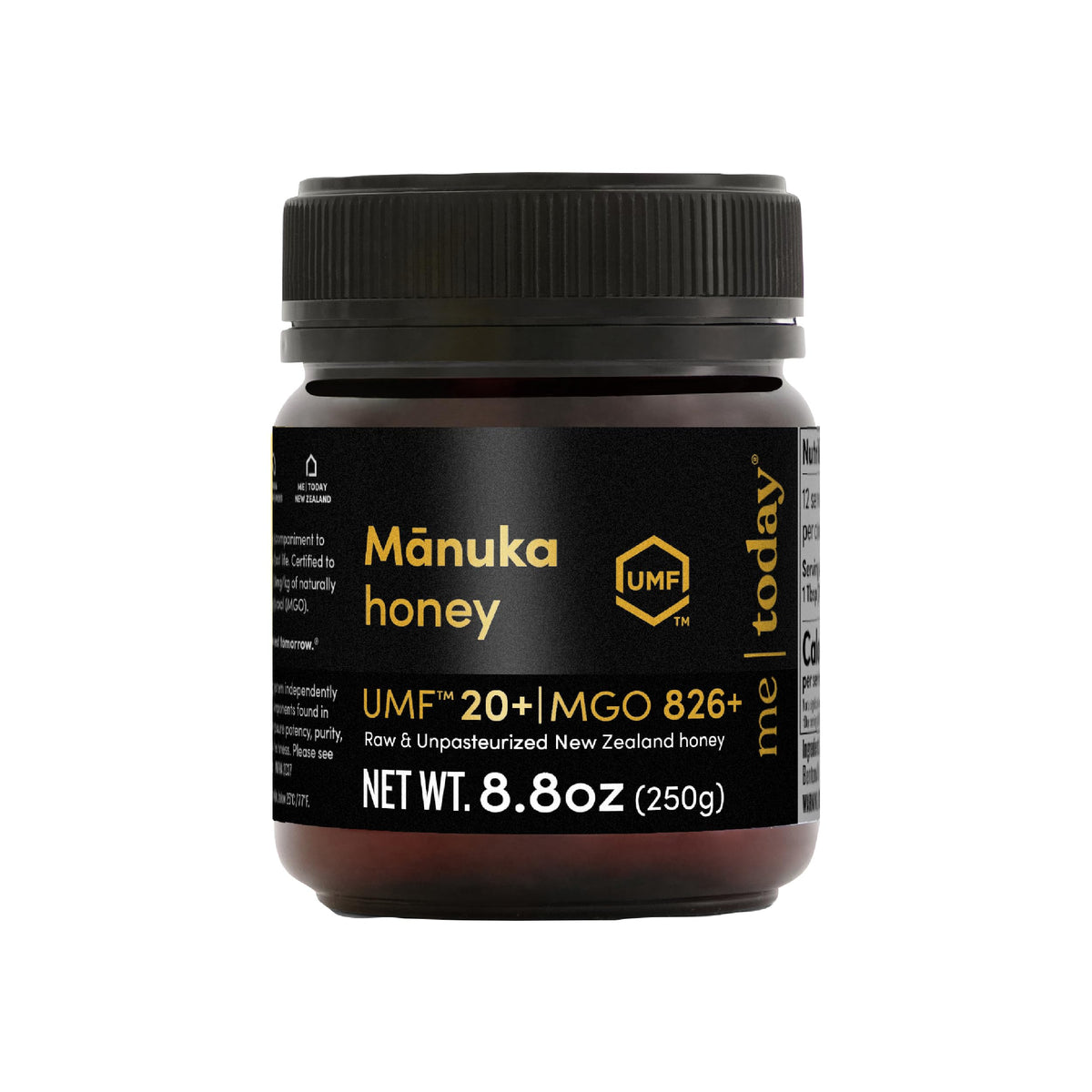 Me Today Manuka Honey jar front view highlighting UMF rating and authenticity.