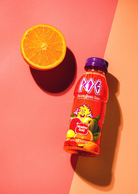 Meadow Gold POG juice 12oz bottle front view for a refreshing tropical sip.