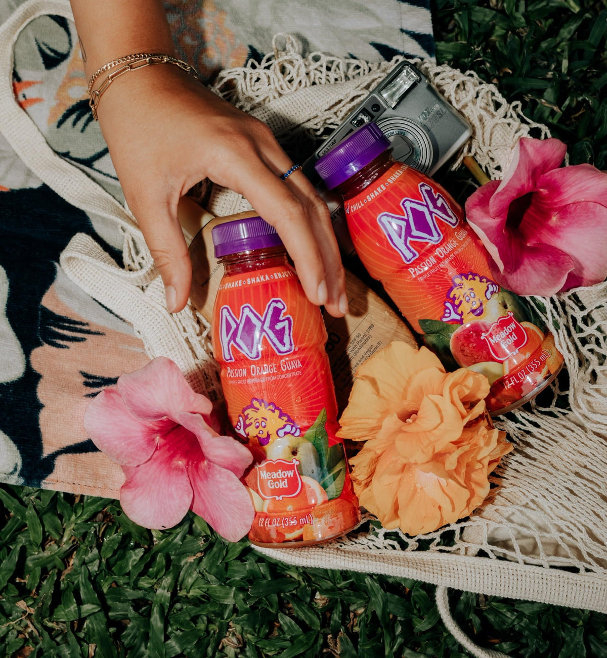 Meadow Gold POG juice six-pack case shown on a shelf for on-the-go sharing.