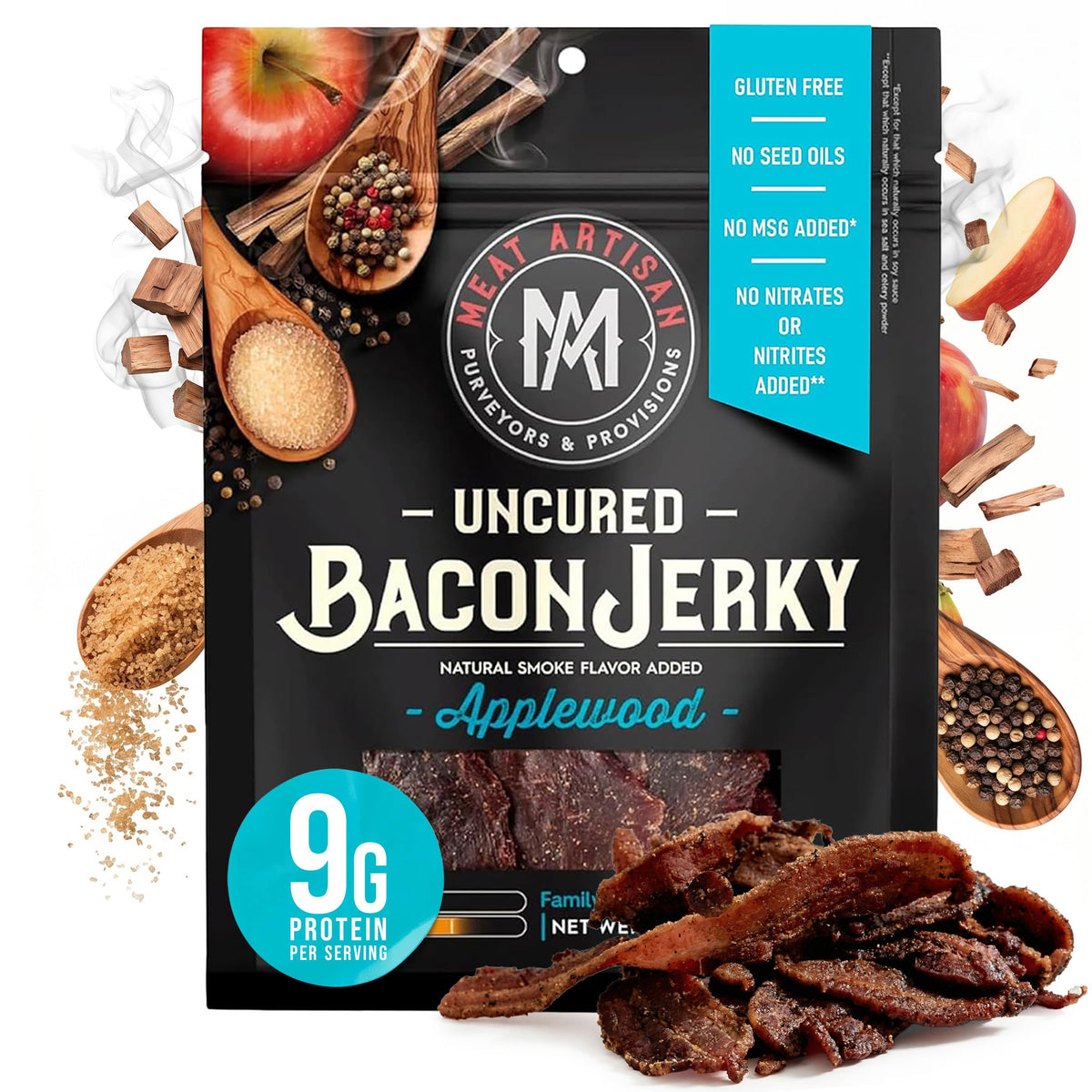 MEAT ARTISAN Applewood smoked bacon jerky bag highlighting premium packaging and gluten-free snacking