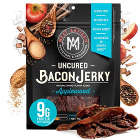 MEAT ARTISAN Applewood smoked bacon jerky bag highlighting premium packaging and gluten-free snacking