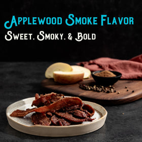 MEAT ARTISAN bacon jerky close-up reveals glossy glaze and tender texture