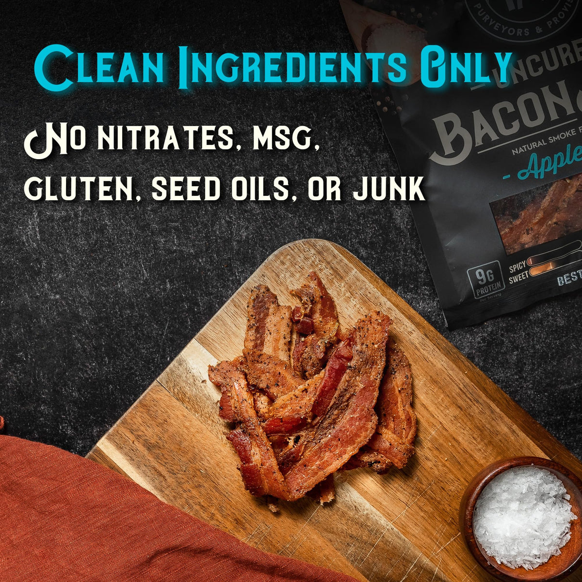 MEAT ARTISAN bacon jerky plated with cheese for gourmet snacking