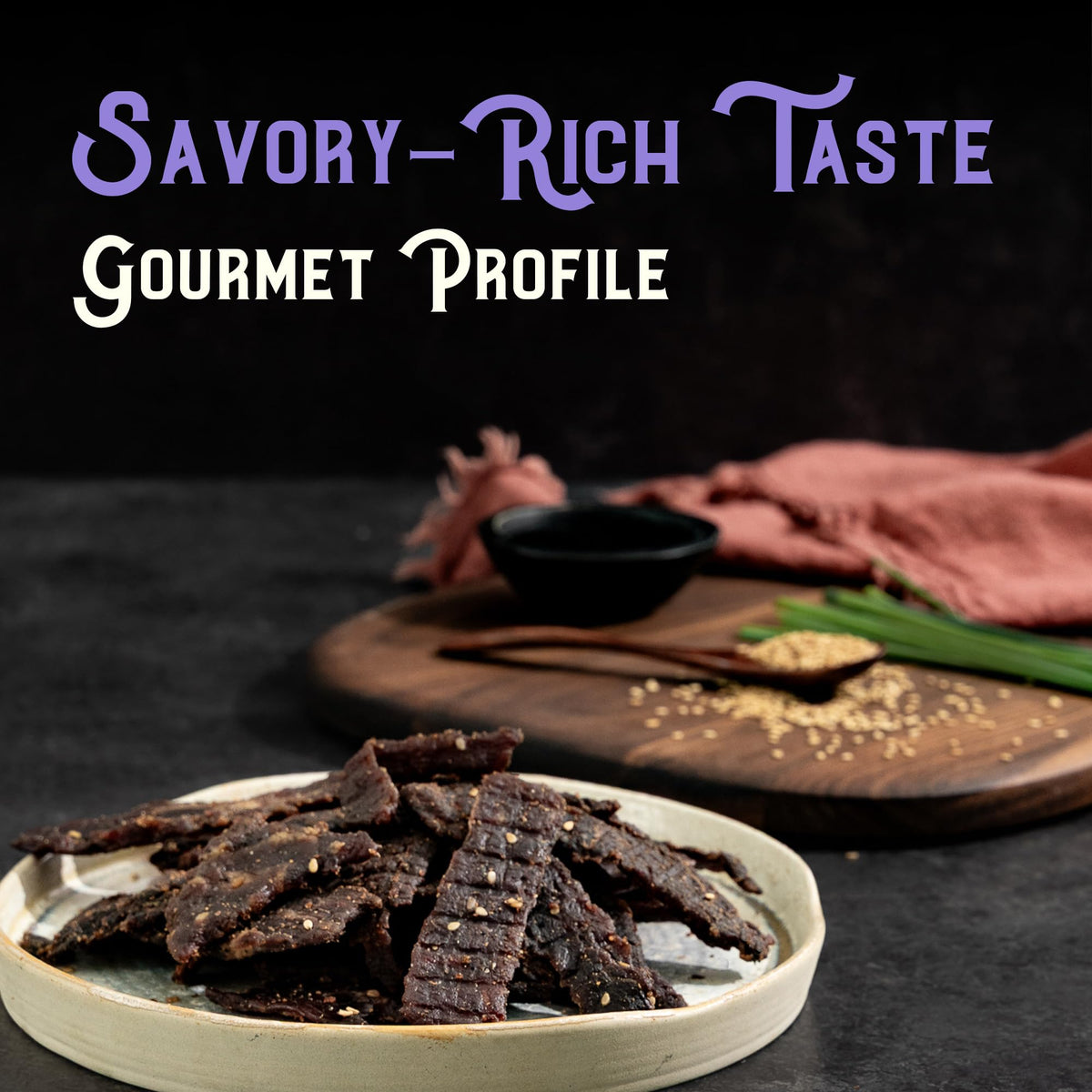 MEAT ARTISAN jerky Asian BBQ glaze close-up shows smoky umami.