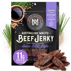 MEAT ARTISAN beef jerky Australian Wagyu packaging highlights premium, portable gluten-free snack.
