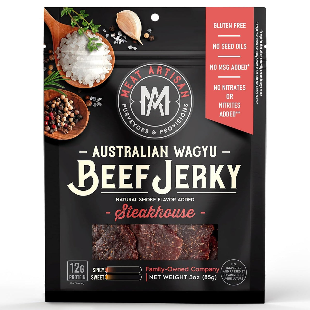 Meat Artisan Beef Jerky Australian Wagyu slices in pack, rich steakhouse flavor.