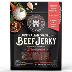 Meat Artisan Beef Jerky Australian Wagyu slices in pack, rich steakhouse flavor.
