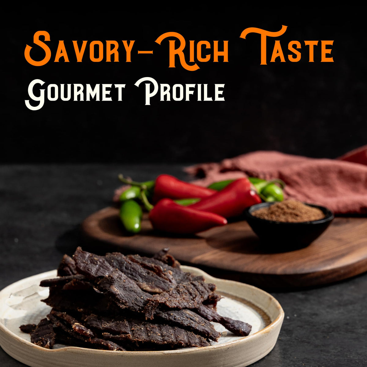 Meat Artisan Wagyu Sweet Heat jerky slices close-up showing marbling
