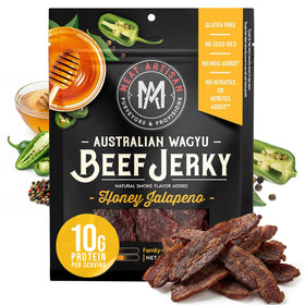 Meat Artisan Wagyu jerky packaging showcases premium quality for on-the-go snacking.