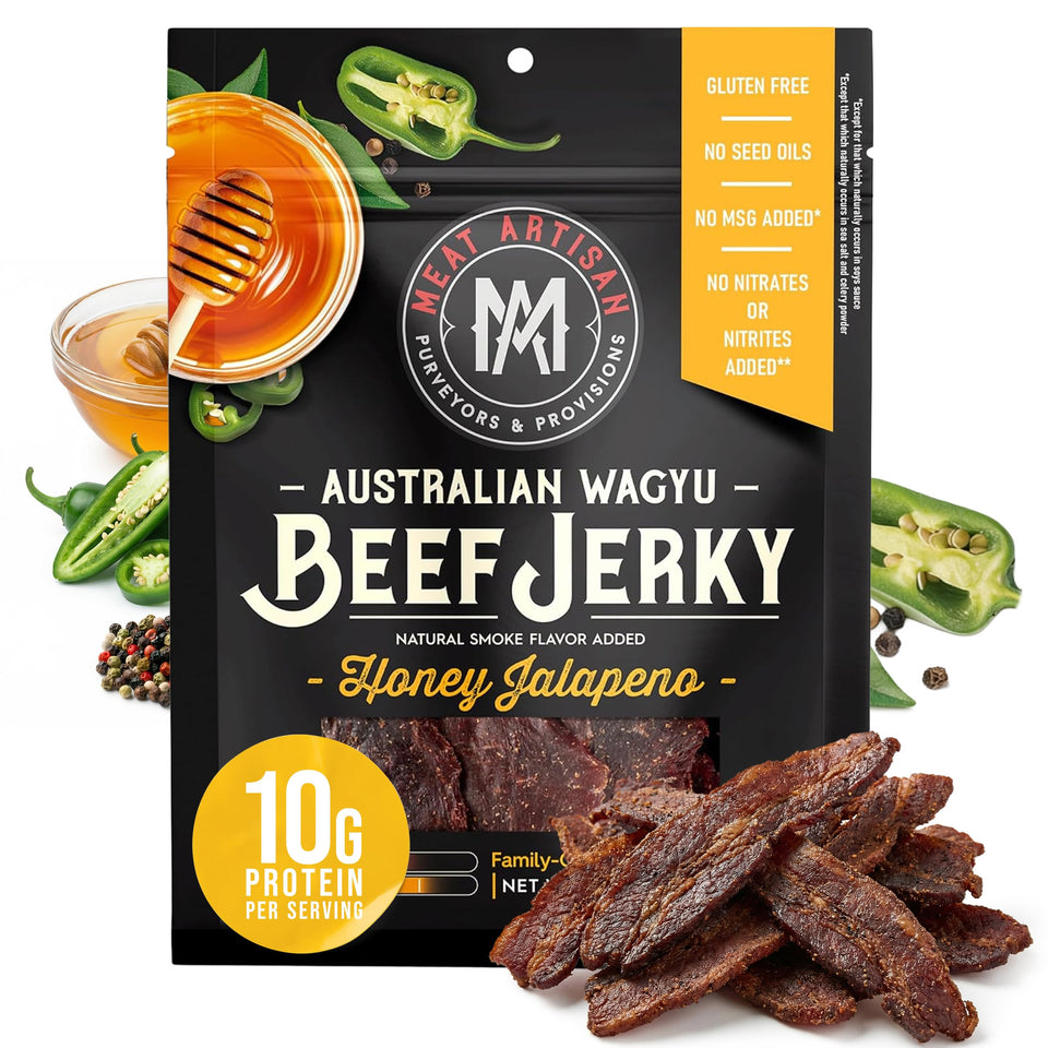 Meat Artisan Wagyu jerky packaging showcases premium quality for on-the-go snacking.
