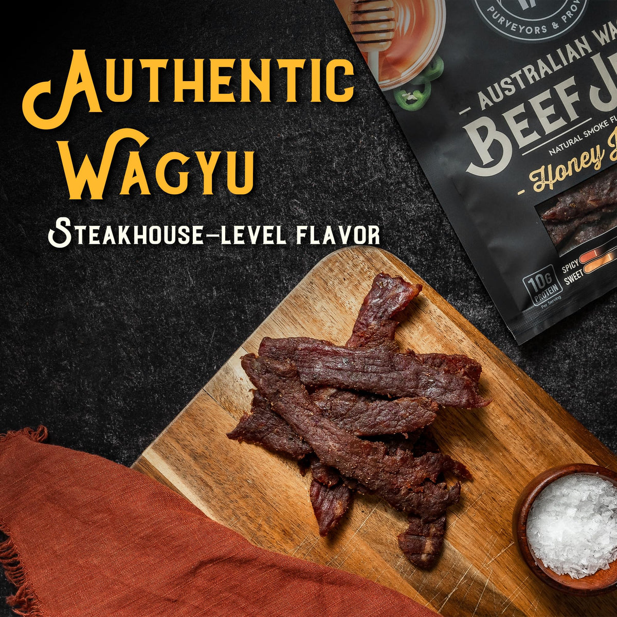 Meat Artisan Wagyu jerky slices emphasize tender bite and protein-packed goodness.