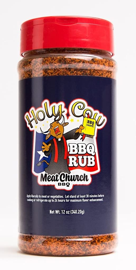 Meat Church Holy Cow rub bottle on grill showcasing beef friendly seasoning