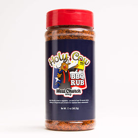 Meat Church Holy Cow rub bottle pour for gluten free meat and vegetables.