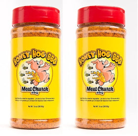 Meat Church Honey Hog BBQ Rub bottle front, gluten-free flavor enhancer for meat