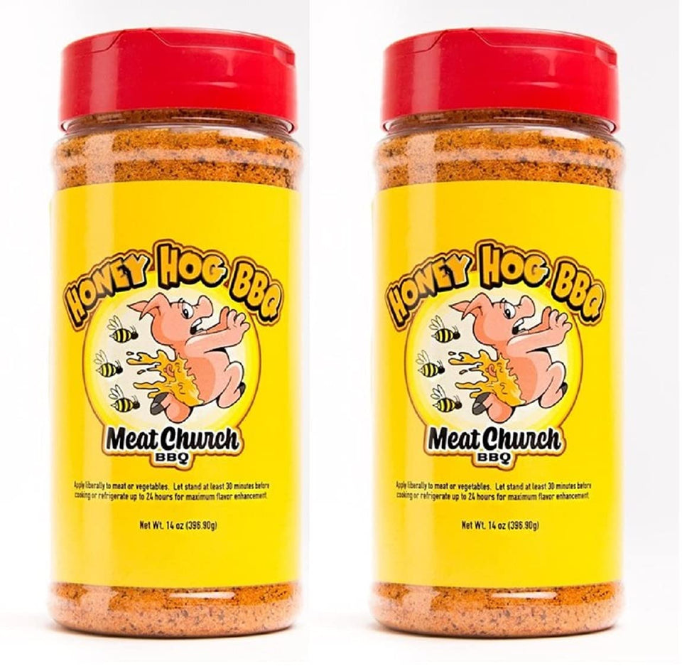 Meat Church Honey Hog BBQ Rub bottle front, gluten-free flavor enhancer for meat