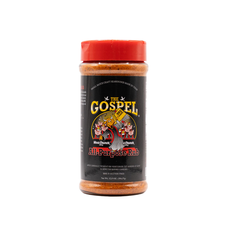 Meat Church The Gospel All-Purpose Rub jar for bold flavor on meats and vegetables.