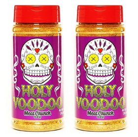 Meat Church VooDoo bottle being poured shows bold spice blend ideal for poultry and ribs