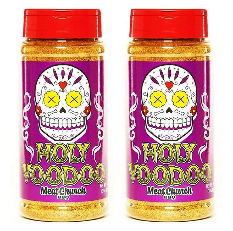 Meat Church VooDoo bottle being poured shows bold spice blend ideal for poultry and ribs