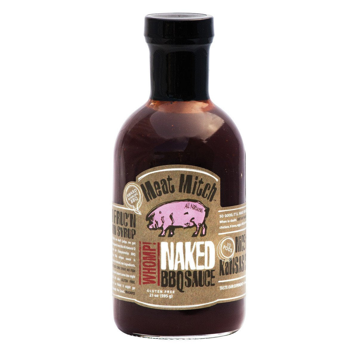 Meat Mitch Naked Whomp! BBQ sauce bottle pour enhances grilled meats with bold sweetness.
