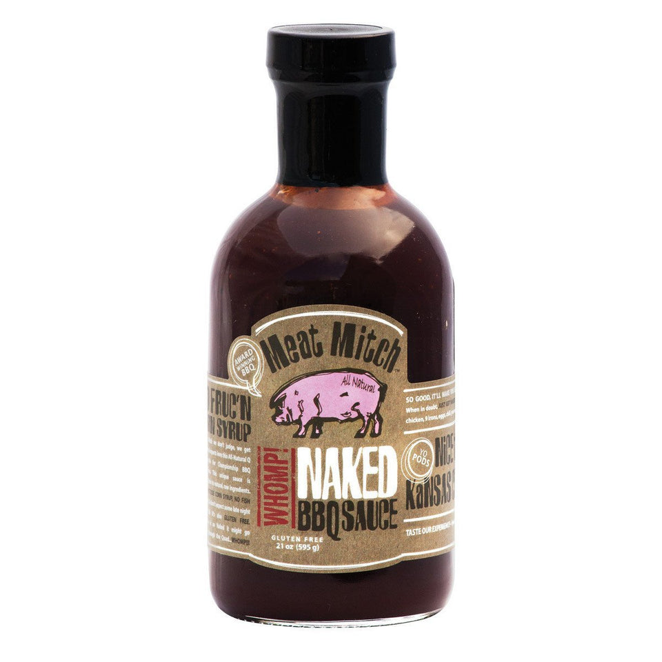 Meat Mitch Naked Whomp! BBQ sauce bottle pour enhances grilled meats with bold sweetness.