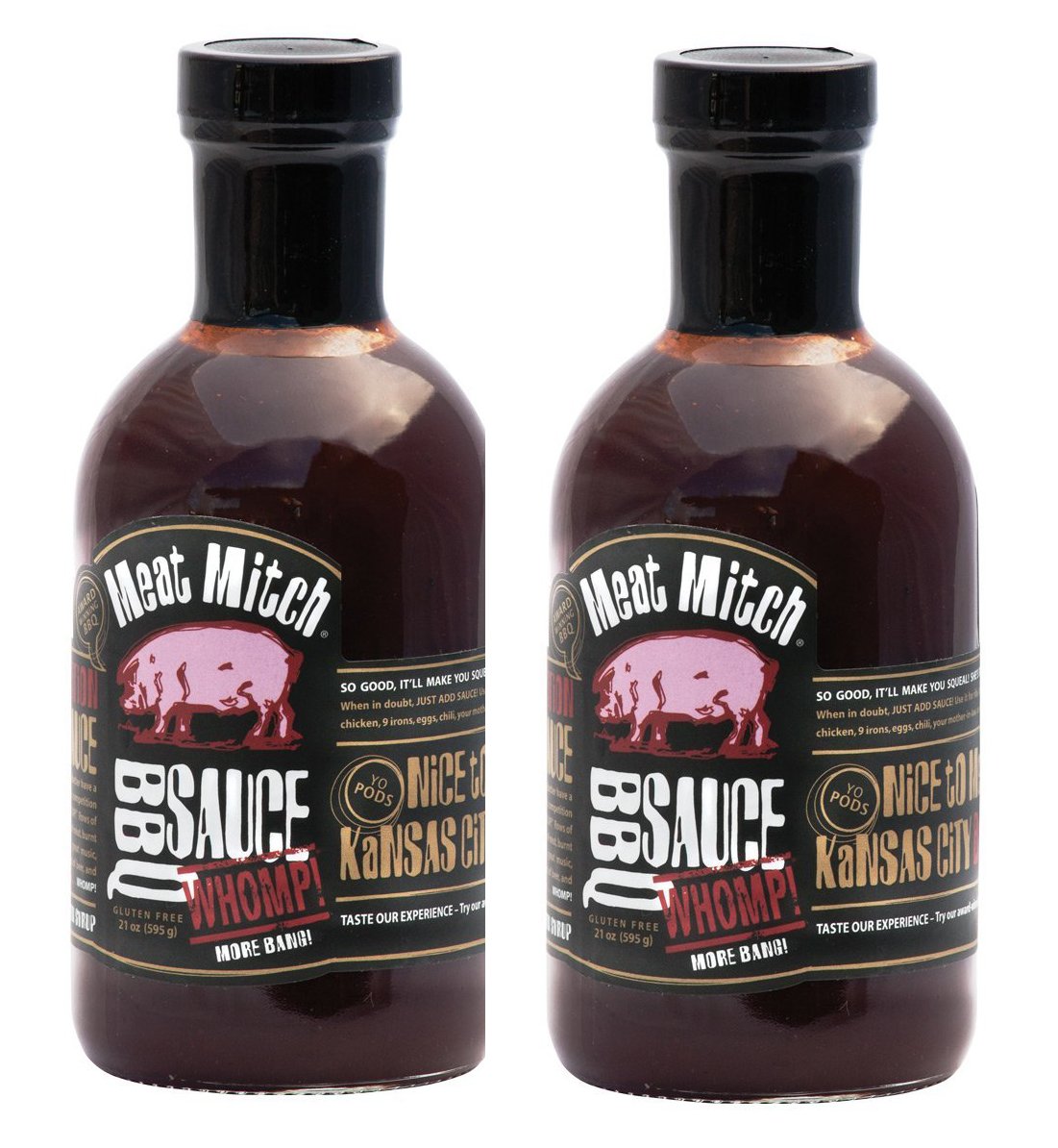 Meat Mitch WHOMP! BBQ sauce bottle with KC-style glaze, ideal for competition barbecue