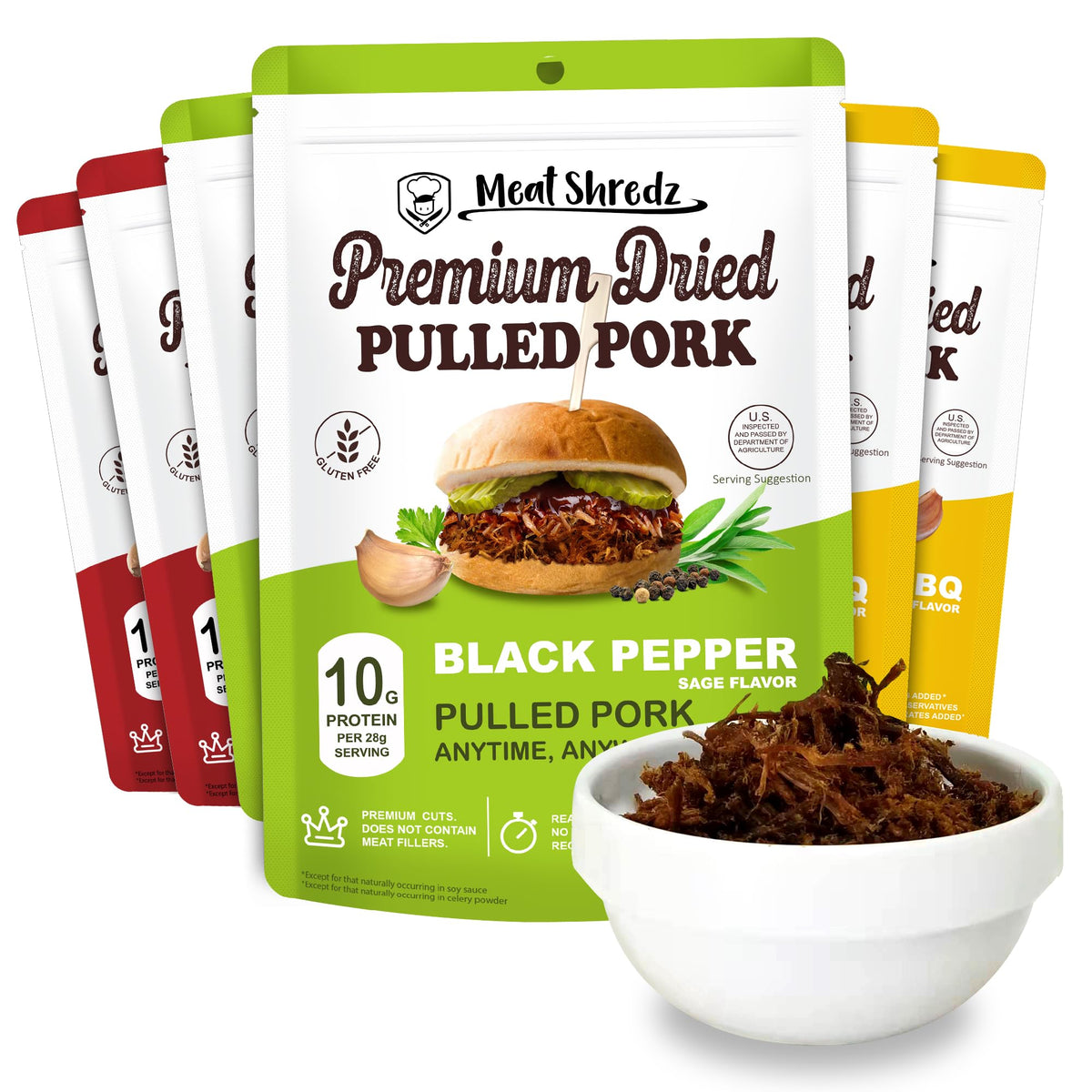 Meat Shredz Black Pepper Sage pouch with aromatic blend and portable protein