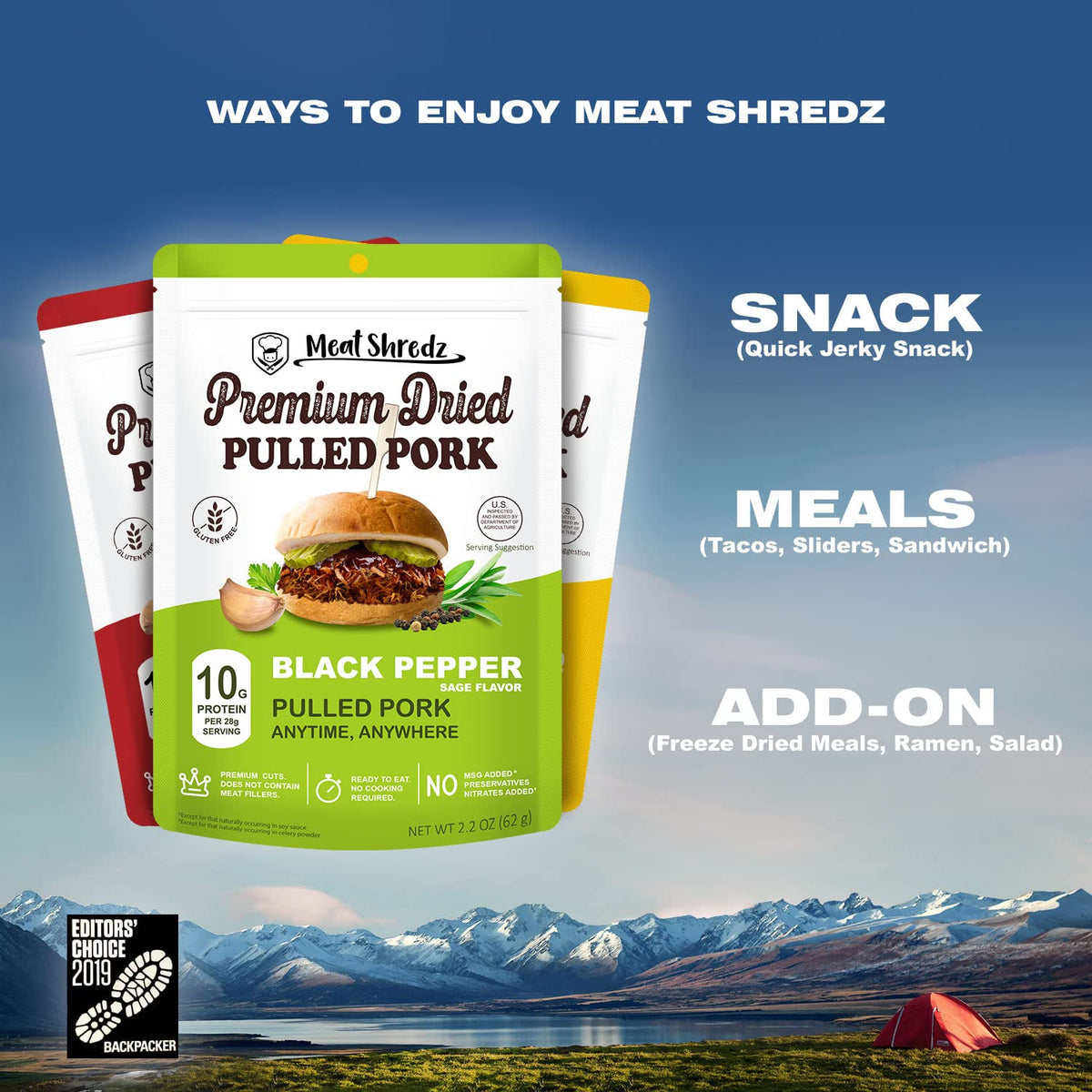Meat Shredz Carolina BBQ pouch ready for camping meals and bold flavor