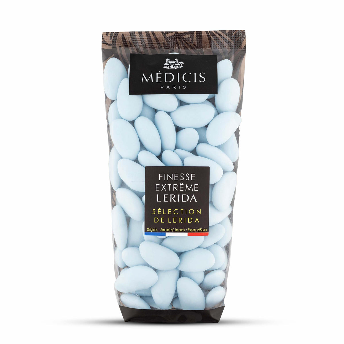 Medicis Premium Candied Almond Dragees bag front, an elegant wedding favor idea.