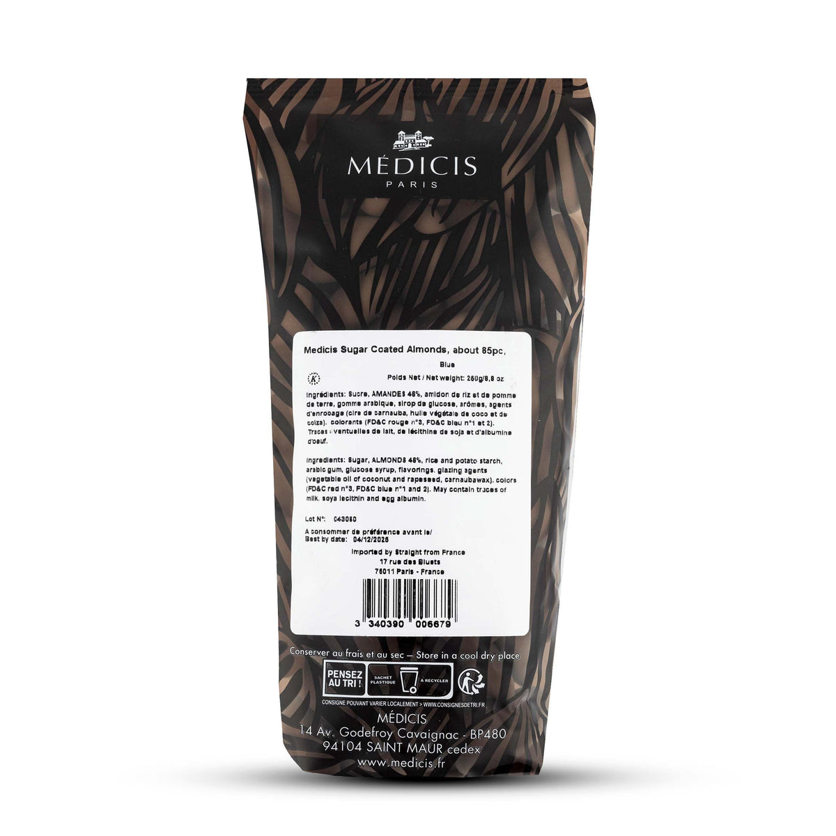 Medicis Premium Candied Almond Dragees bag side, perfect baby shower treat.