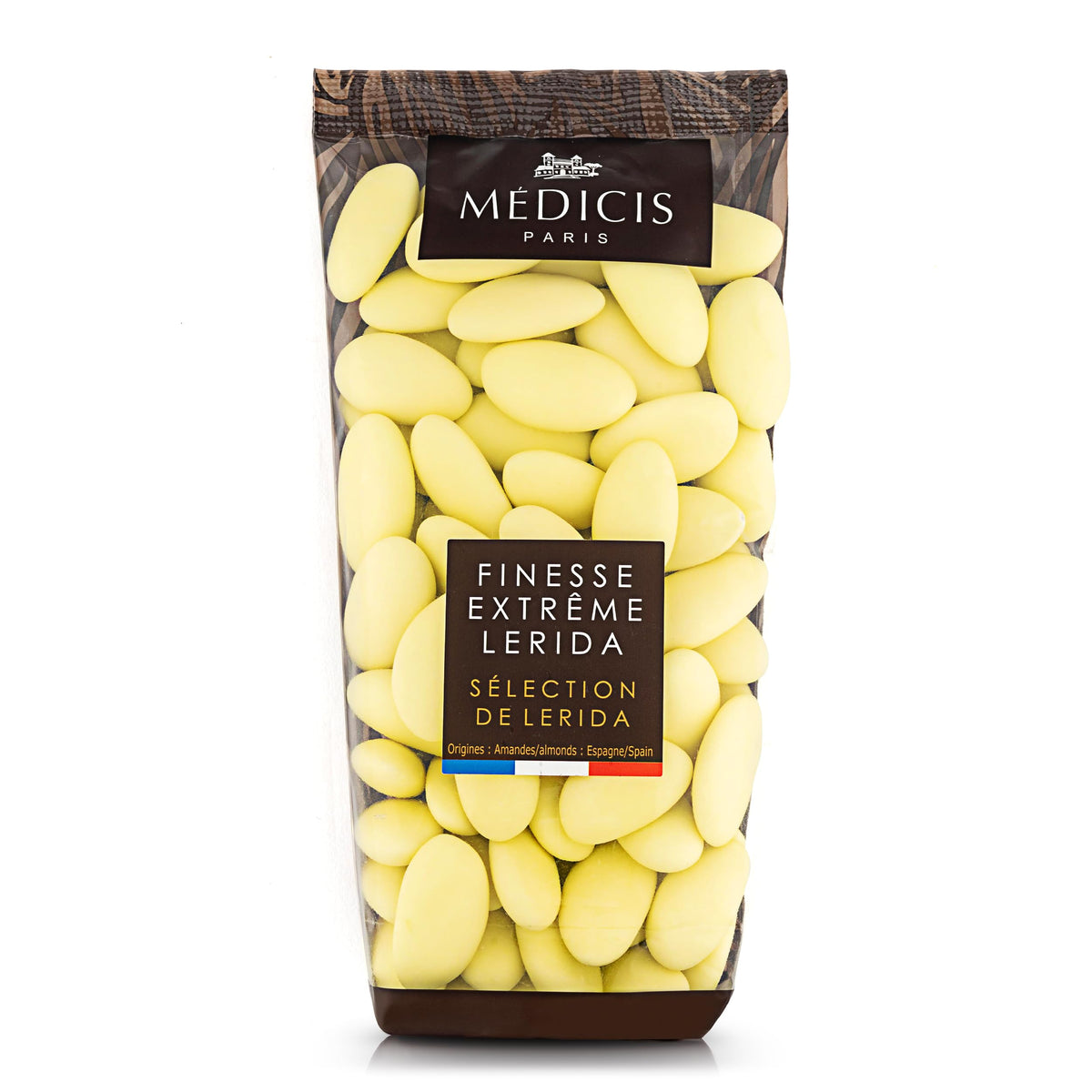 Medicis Premium Candied Almond Dragees bag close-up, ideal for wedding favors and celebrations.