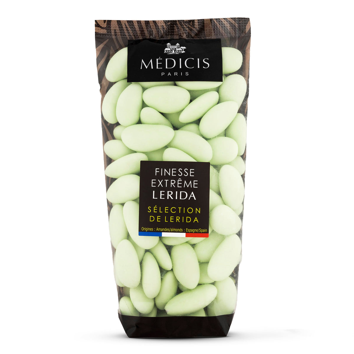 Medicis premium candied almond dragees in a green 8.8oz bag, ideal as elegant wedding favors.
