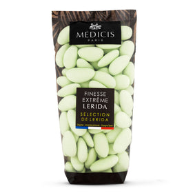 Medicis premium candied almond dragees in a green 8.8oz bag, ideal as elegant wedding favors.