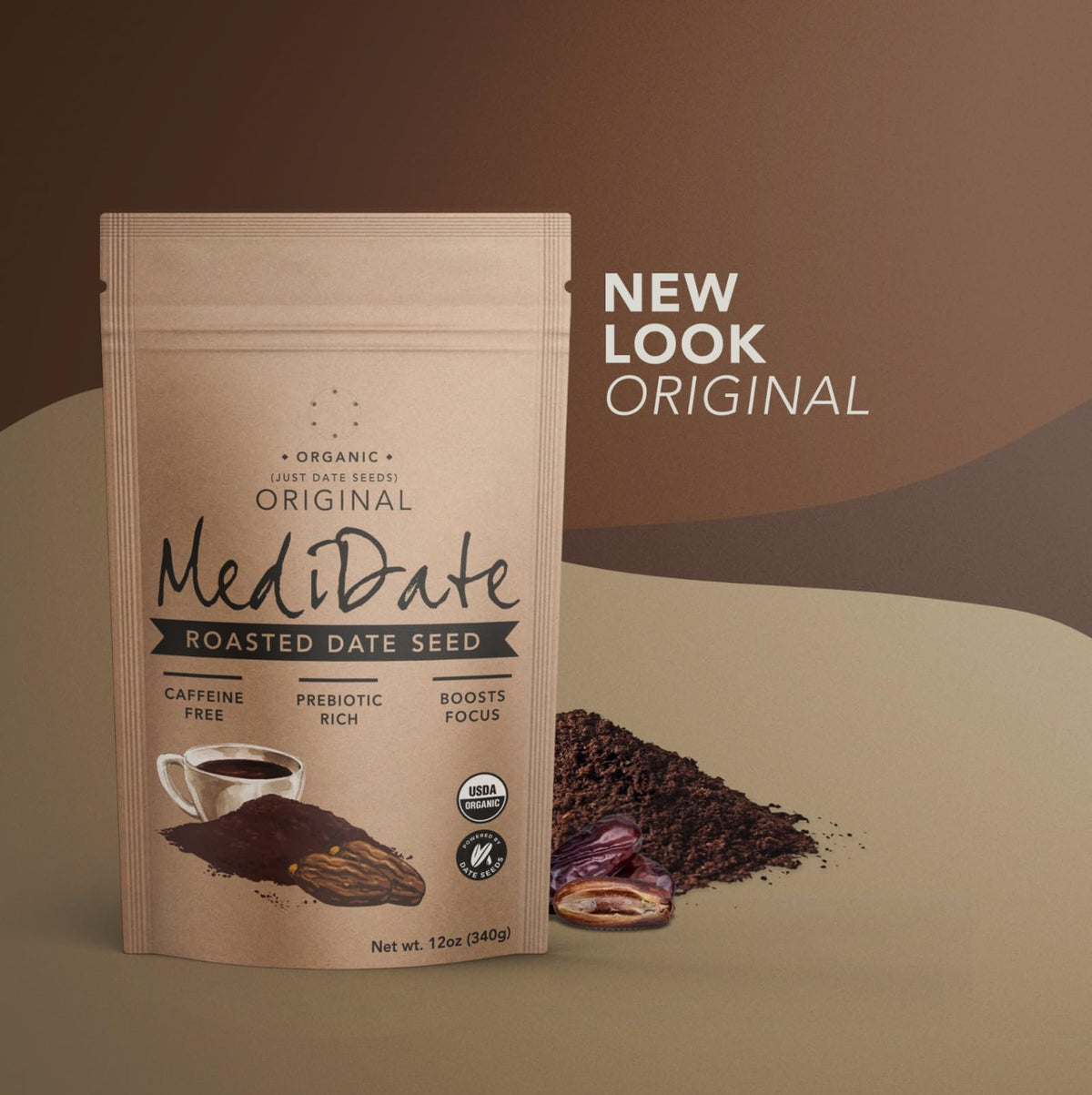 MediDate close-up of roasted date seeds and cardamom in rich blend.