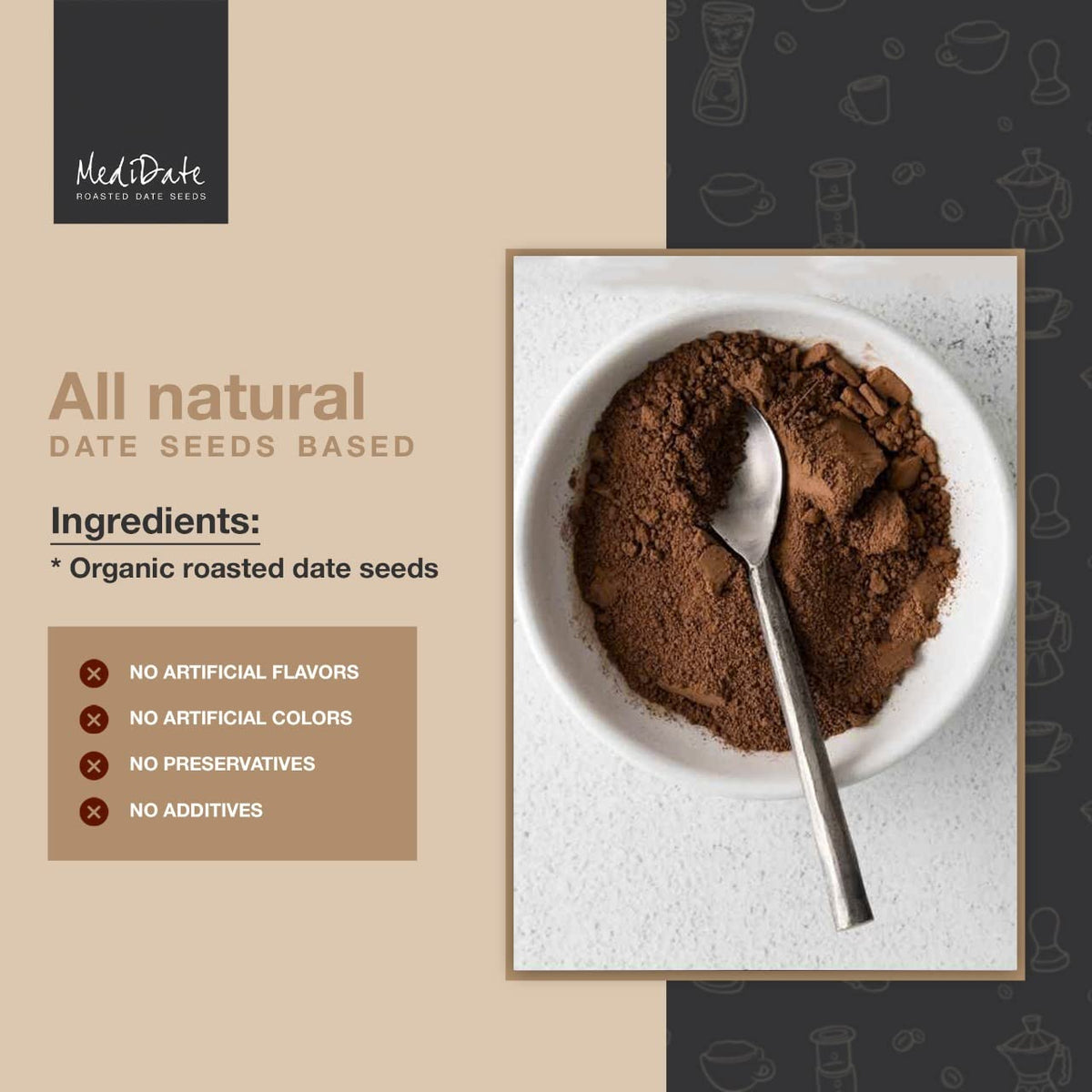 MediDate prebiotic-rich powder may support digestion when whisked into a smooth cup.