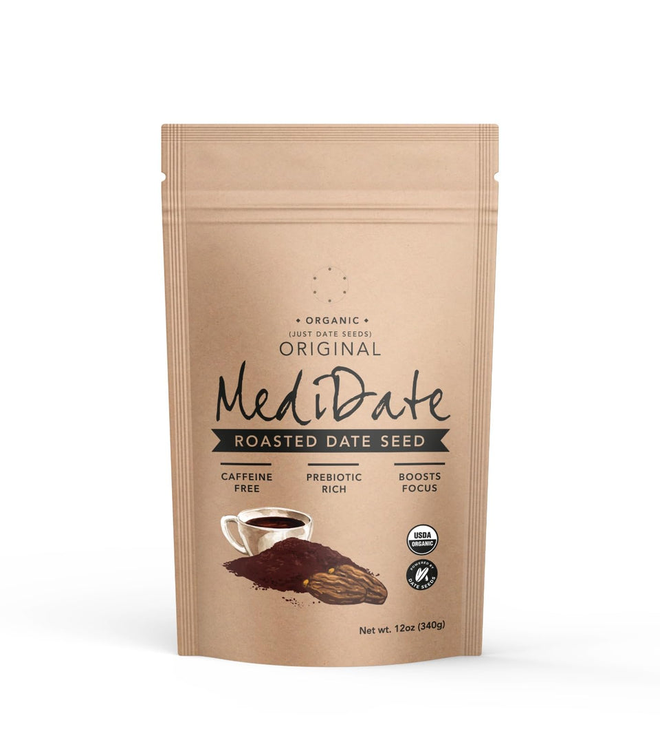 MediDate Coffee Alternative cup with roasted date seeds brew for a comforting moment.