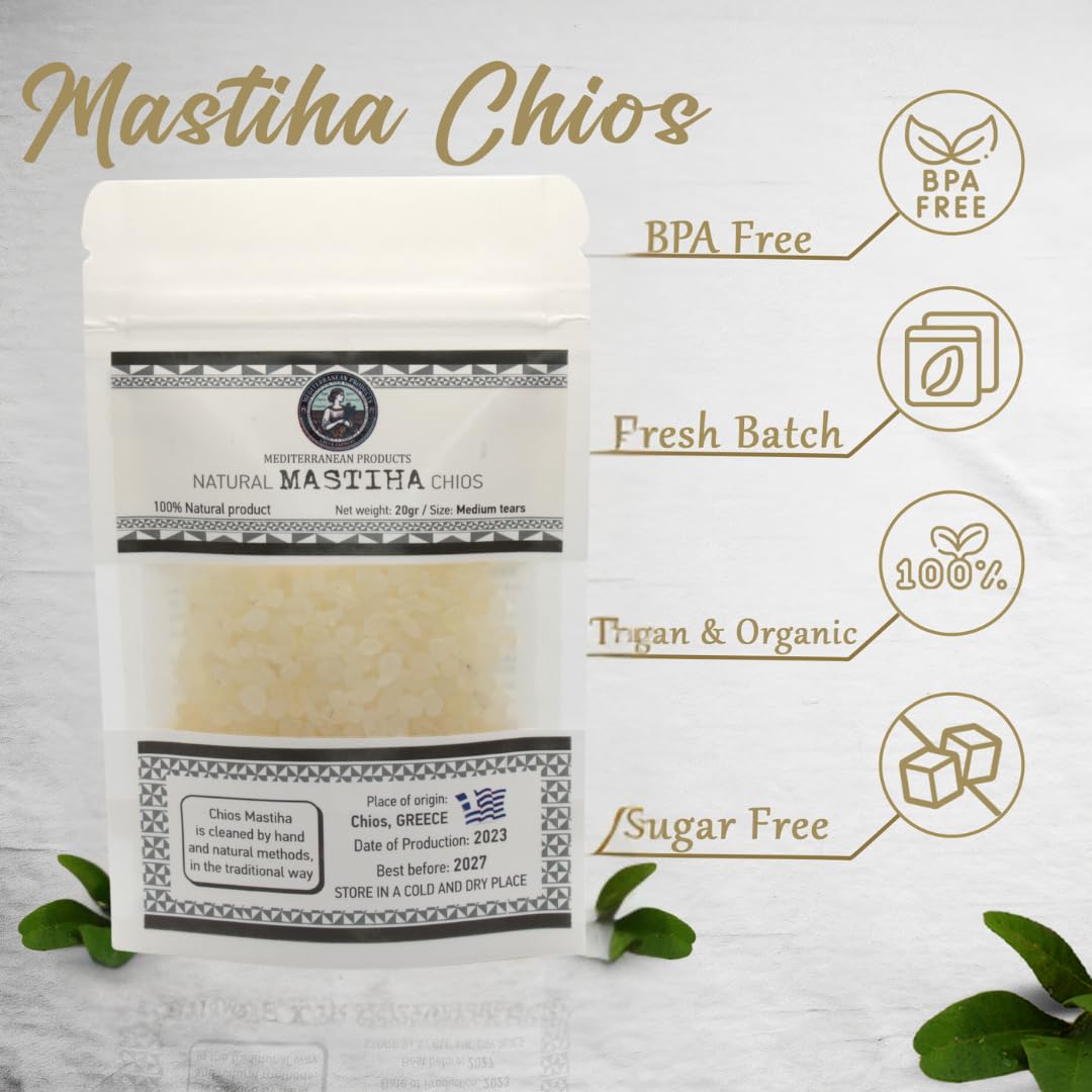 Mediterranean Products Greek Farmers mastiha gum packaging with natural Greek scenery promotes authentic heritage