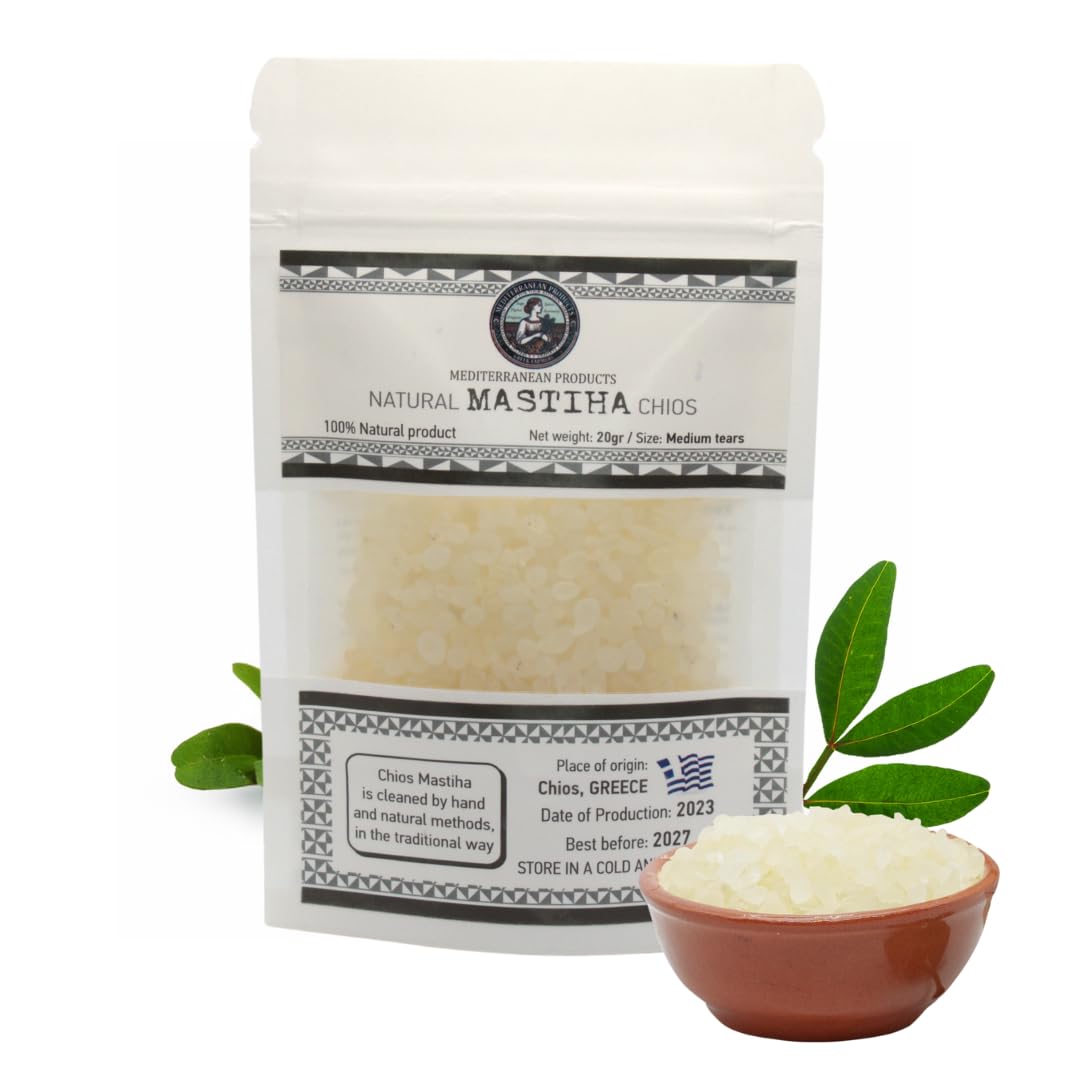 Mediterranean Products Greek Farmers mastiha tears 20g packaging close-up for daily use and premium resin