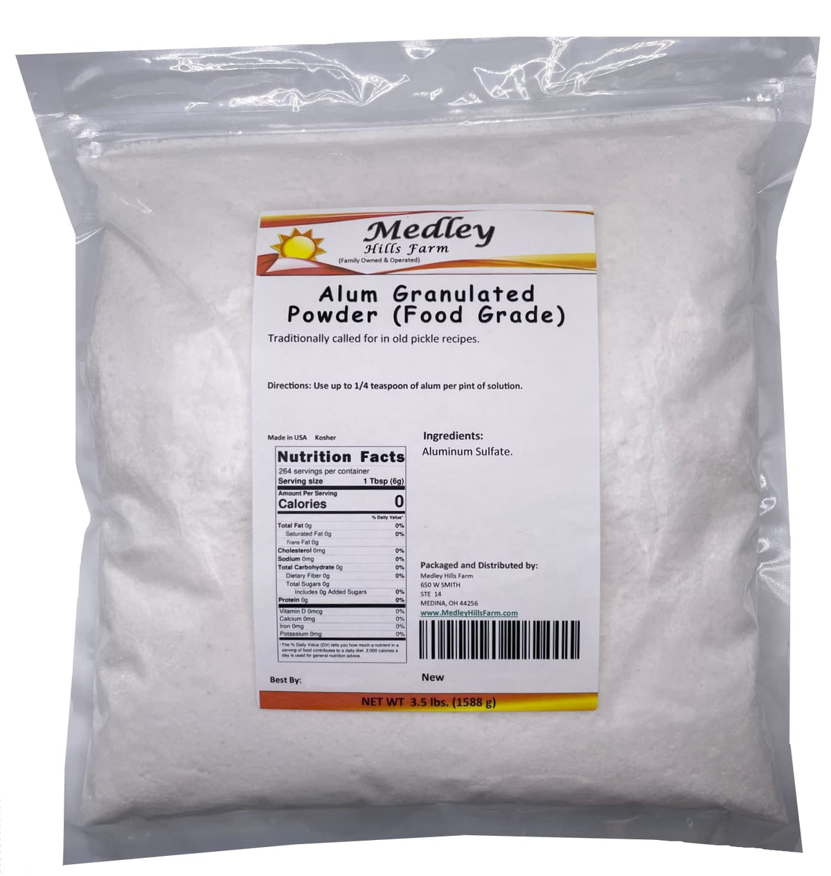 Medley Hills Farm alum granulated powder 3.5 lb bag for crisp pickles.