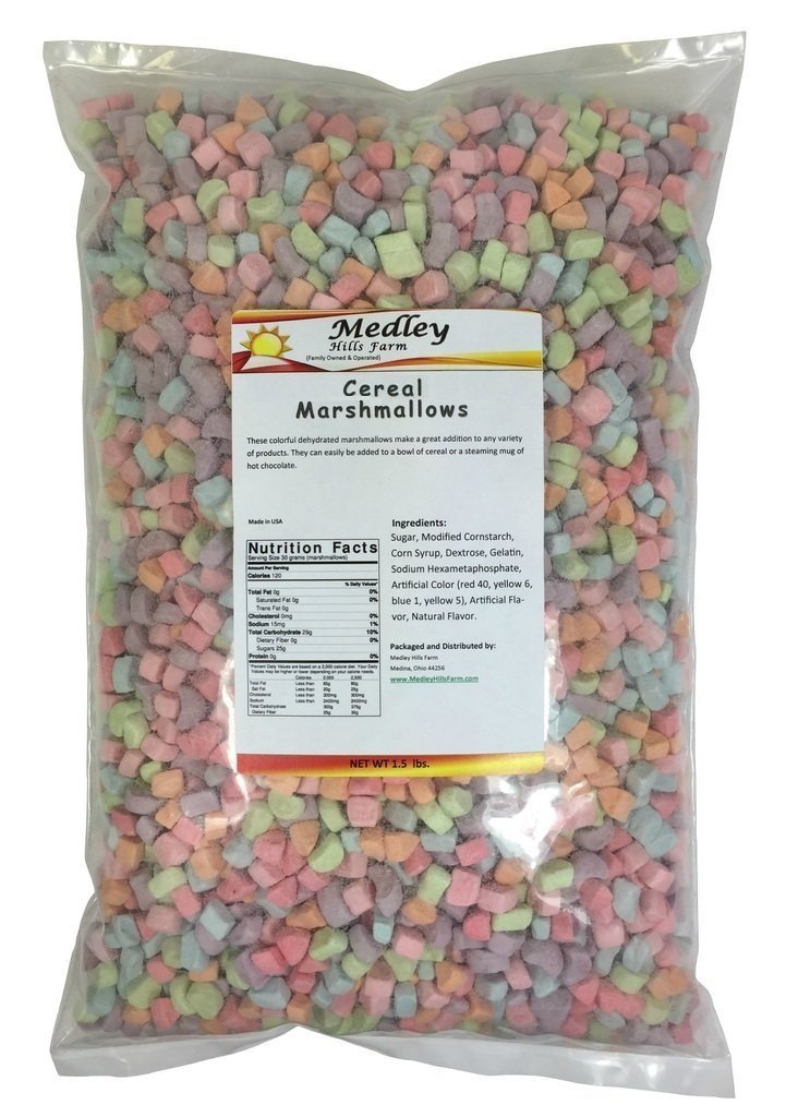 Medley Hills Farm assorted dehydrated marshmallow bits in a heat-sealed bag for freshness.