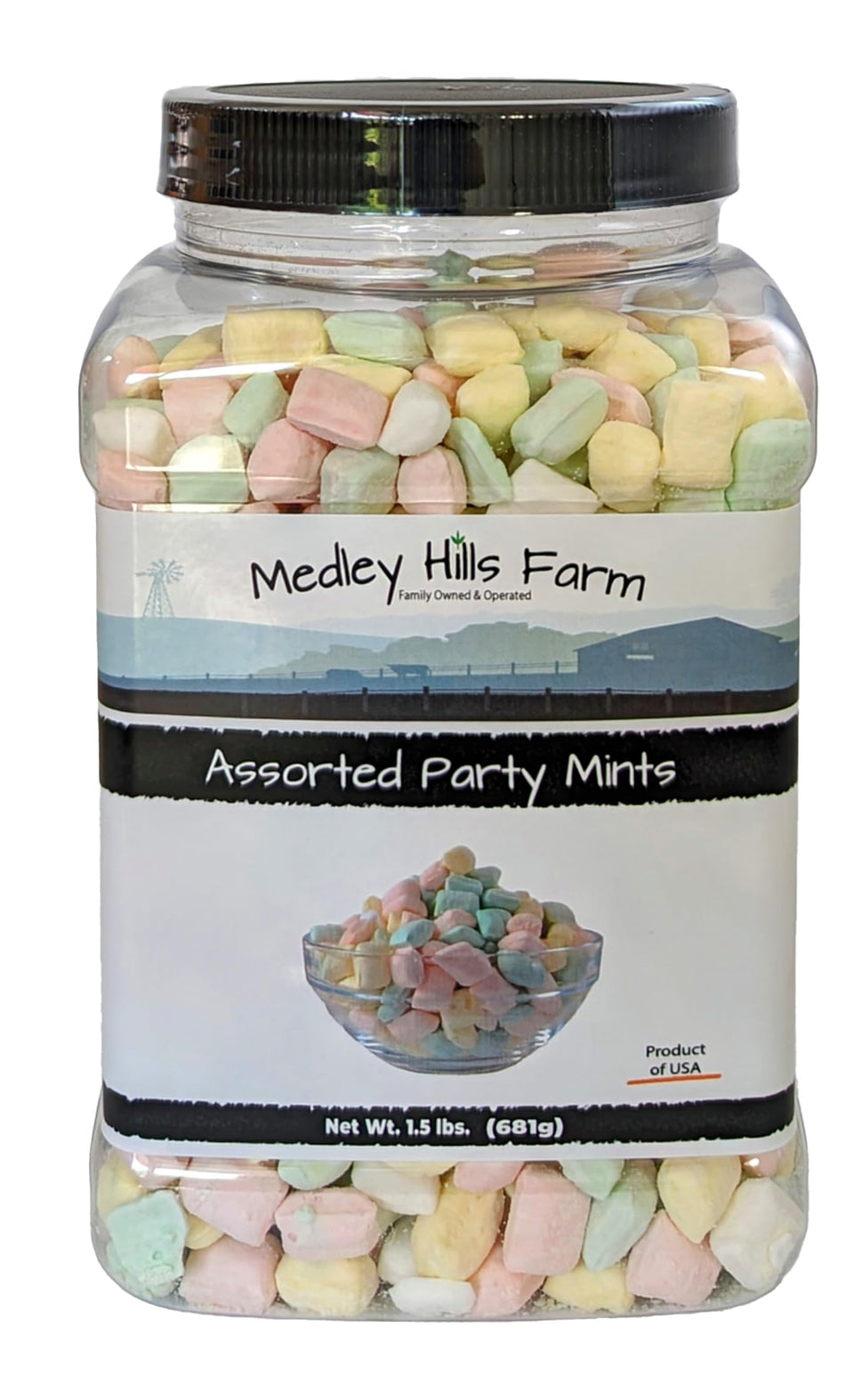 Medley Hills Farm assorted party mints in a reusable container for events.