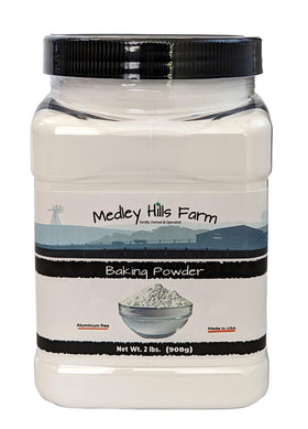Medley Hills Farm baking powder container ready for storage and use